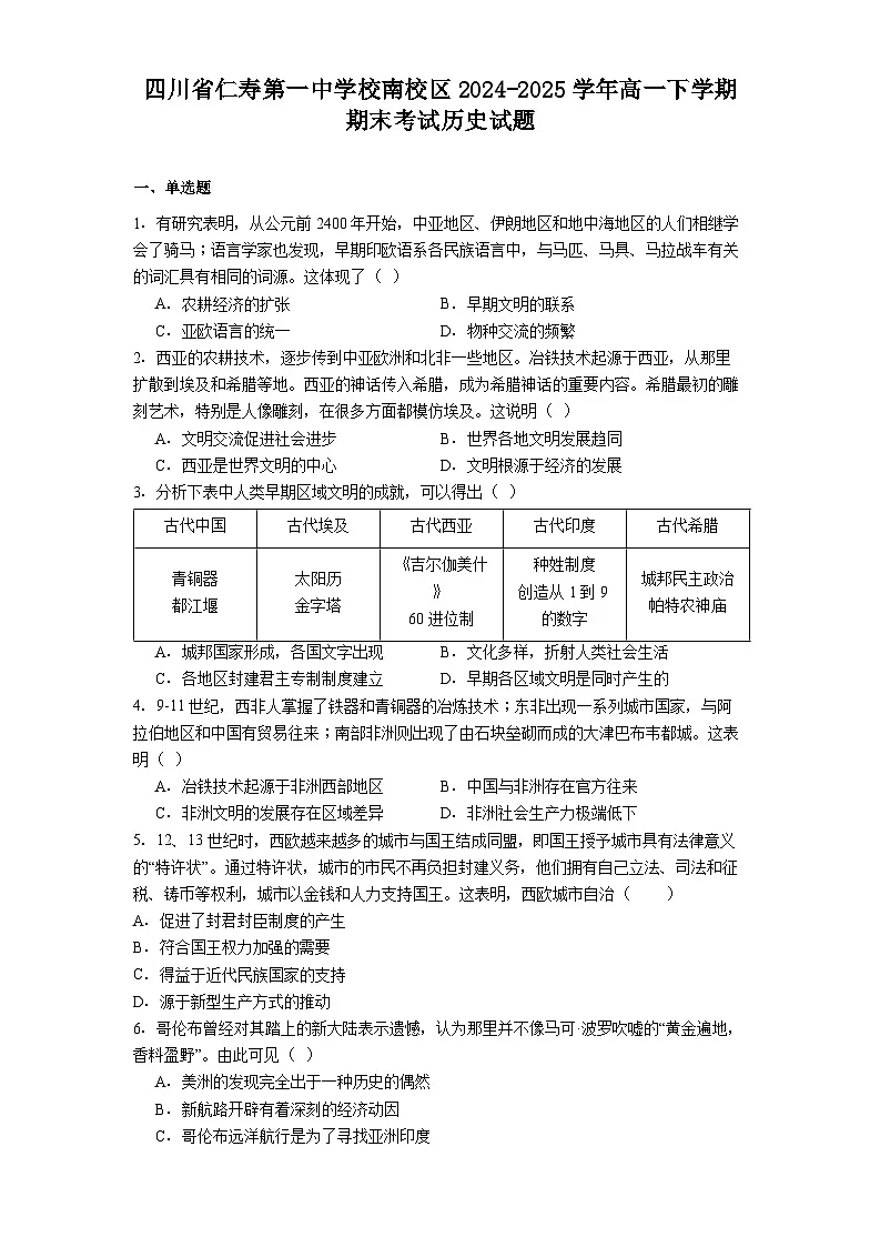 四川省仁寿第一中学校南校区2024-2025学年高一下学期期末考试历史试题(解析版)第1页