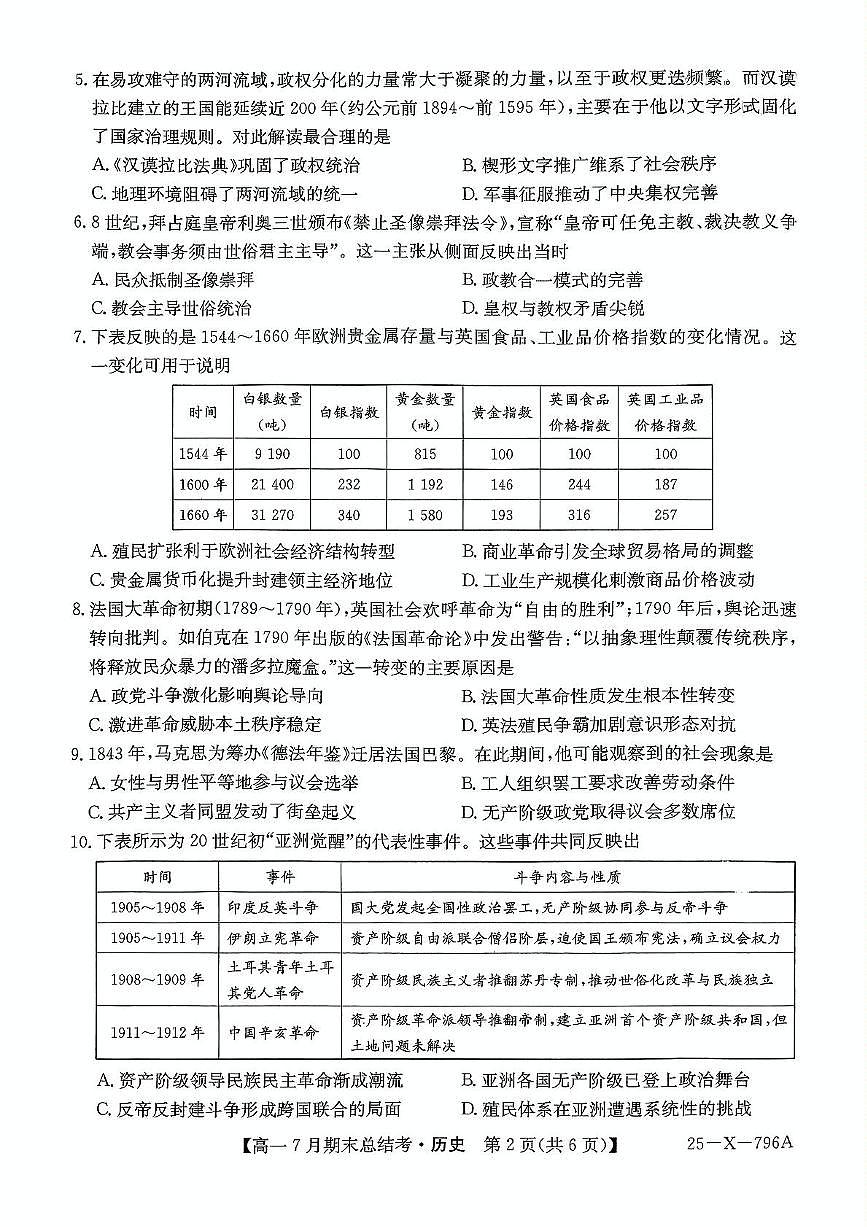 山西省名校联考2024-2025学年高一下学期7月期末总结考历史试卷(PDF版附解析)第2页
