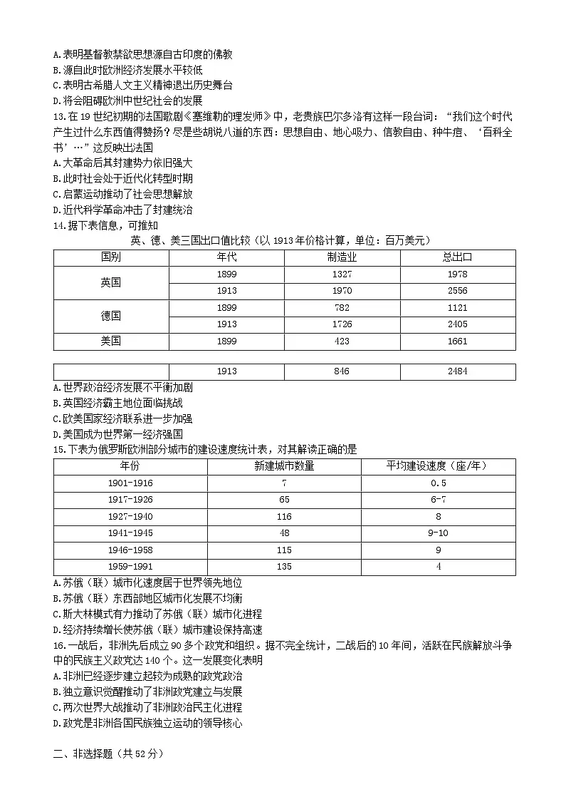 湖南省株洲市2025届高三历史上学期期末教学质量统一检测一模试题含解析第3页