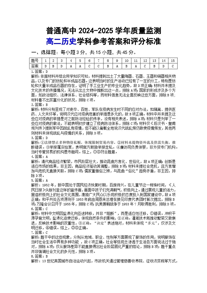 恩施州普通高中2024-2025学年高二质量监测考试历史答案第1页