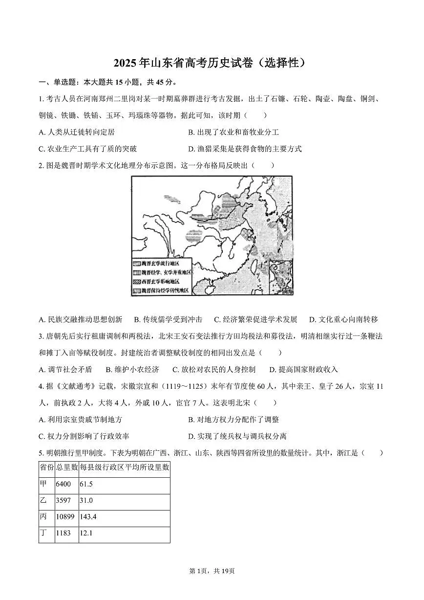 2025年山东省高考历史试卷(选择性)(含解析)第1页