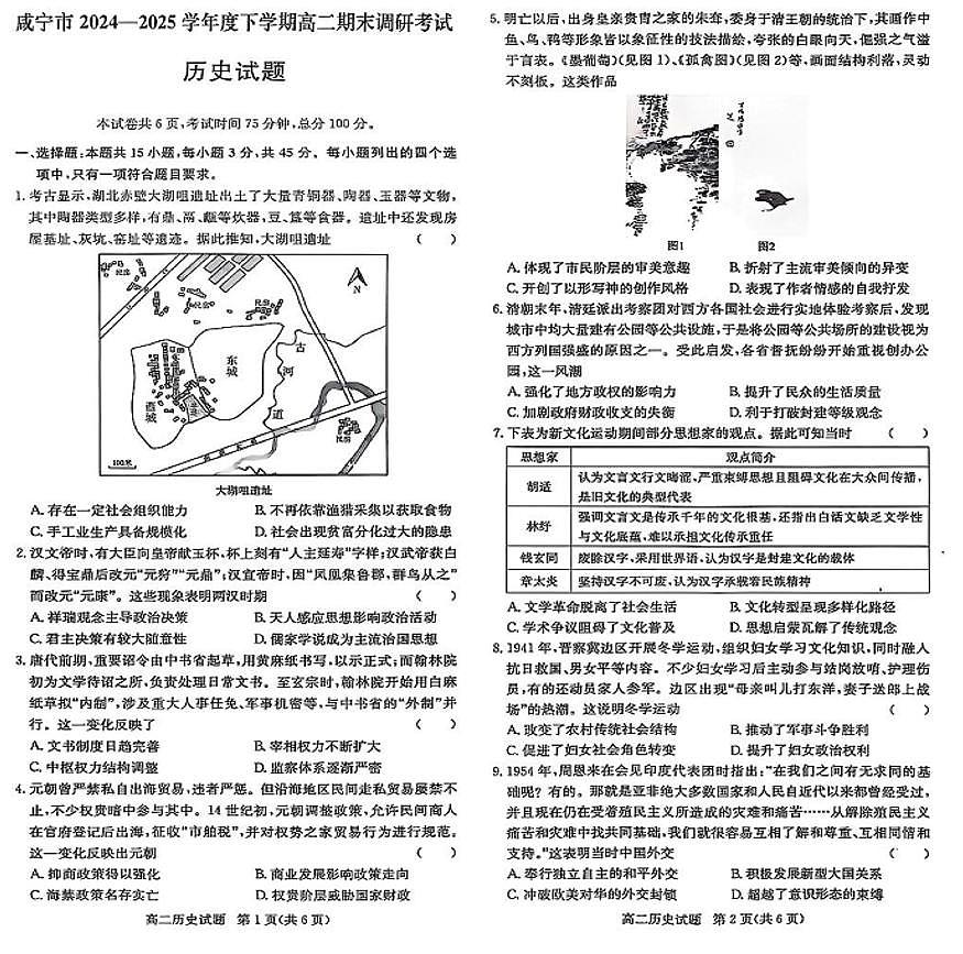湖北省咸宁市2025届新高二下学期7月期末考试-历史试题+答案第1页