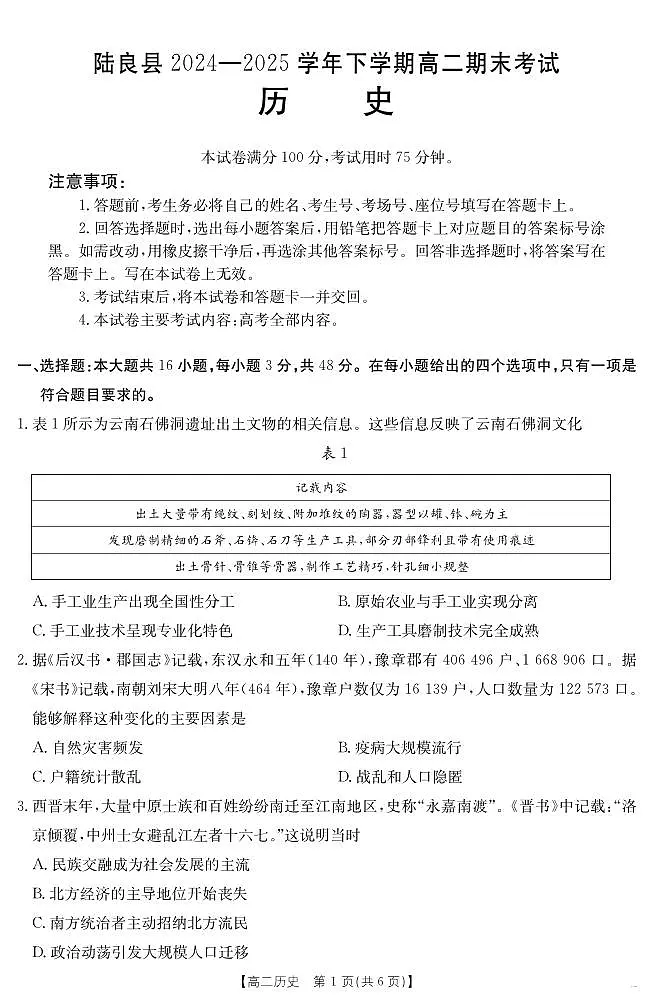 云南省曲靖市陆良县2024-2025学年高二下学期期末考试 历史试卷+答案第1页