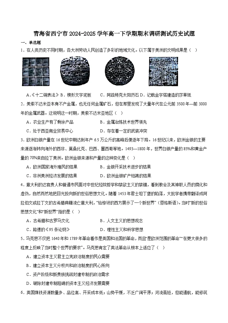 青海省西宁市2024-2025学年高一下学期期末调研测试历史试卷(含答案)第1页