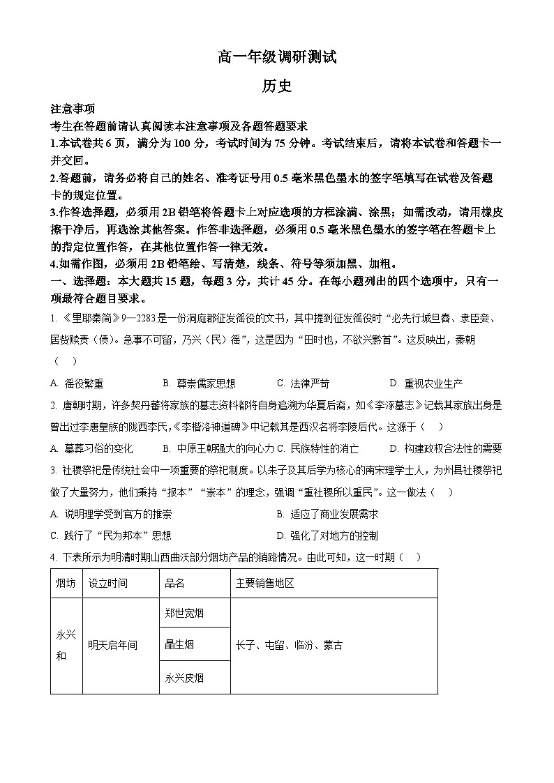 江苏省宿迁市2024—2025学年高一下学期期末测试历史试题(原卷版)第1页