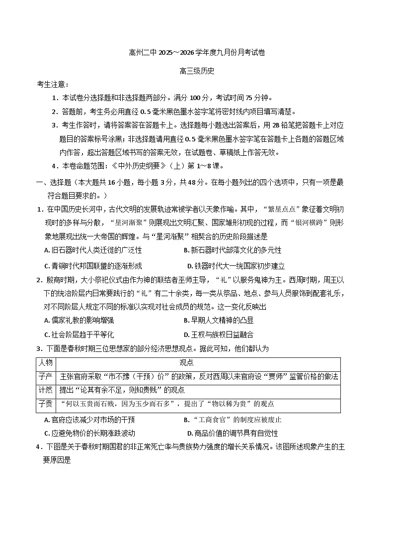 广东省高州市第二中学2025-2026学年高三上学期9月月考历史试题(含解析)第1页
