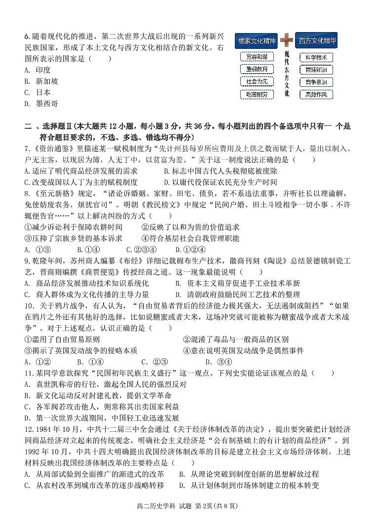 浙江省2024学年第二学期温州十校联合体高二期末联考历史试卷+答案第2页