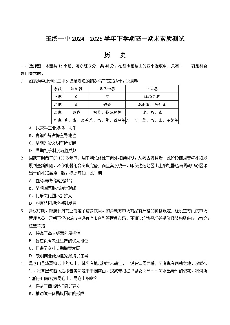 2025玉溪一中高一下学期期末考试历史含答案第1页