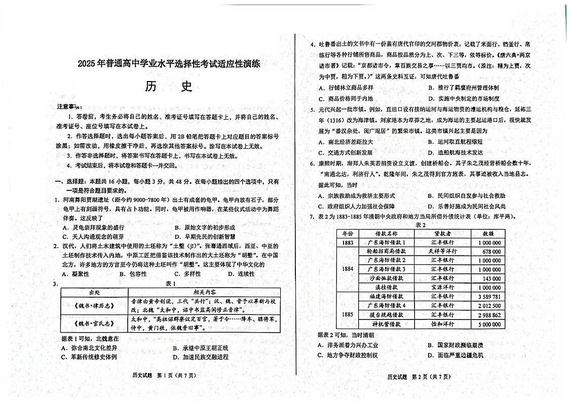 八省2025年陕西山西宁夏青海高考综合改革适应性演练模拟联考-历史试卷(学生版)第1页
