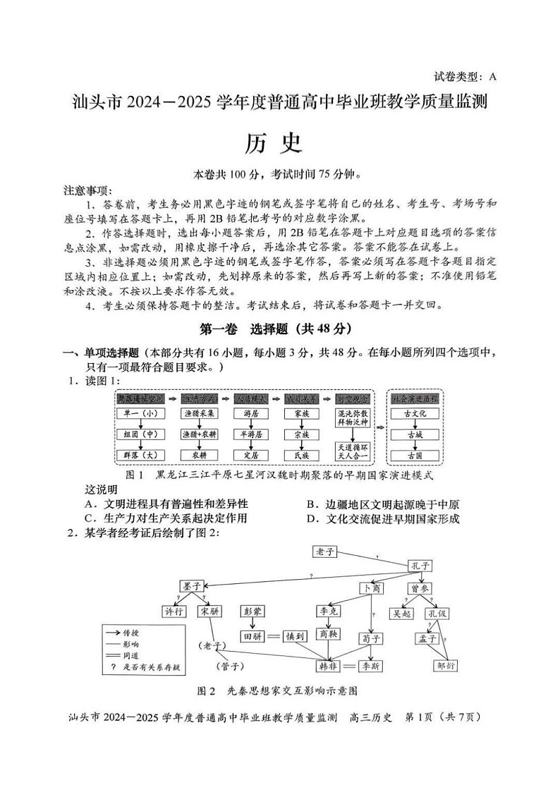 广东省汕头市2025届高三上学期12月期末质量监测-历史试题(学生版)第1页