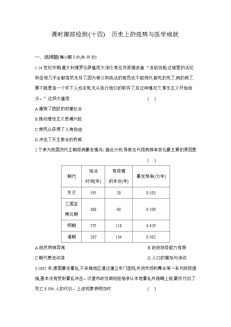 高二历史(统编版)试题选择性必修2课时跟踪检测(十四)历史上的疫病与医学成就(Word版附解析)第1页