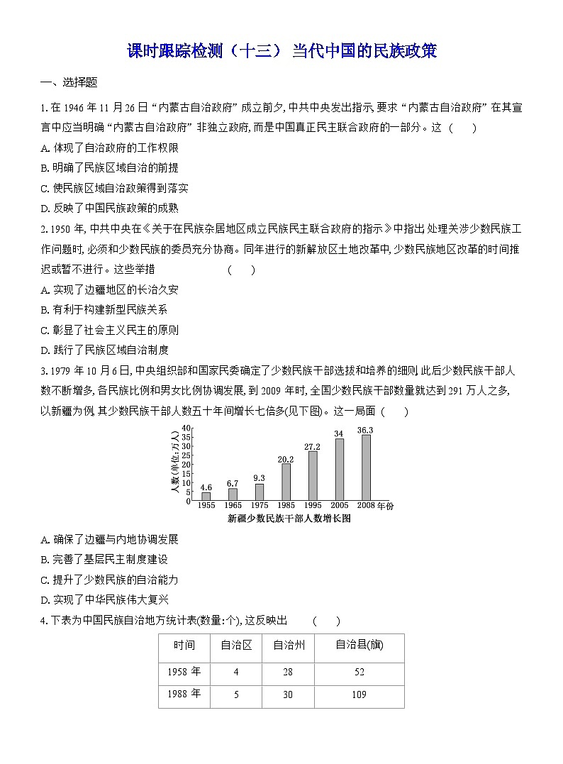 高二历史(统编版)试题选择性必修1课时跟踪检测(十三)当代中国的民族政策(Word版附解析)第1页