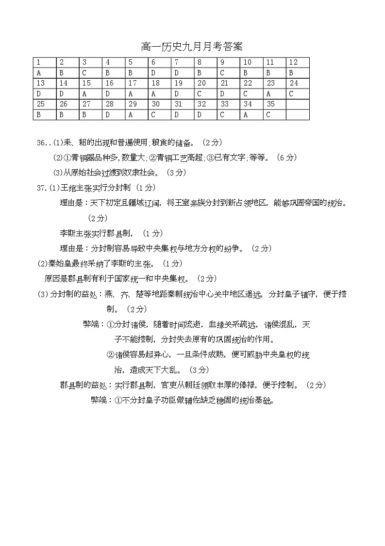 黑龙江省齐齐哈尔市第八中学校2025-2026学年高一上学期9月月考 历史答案第1页