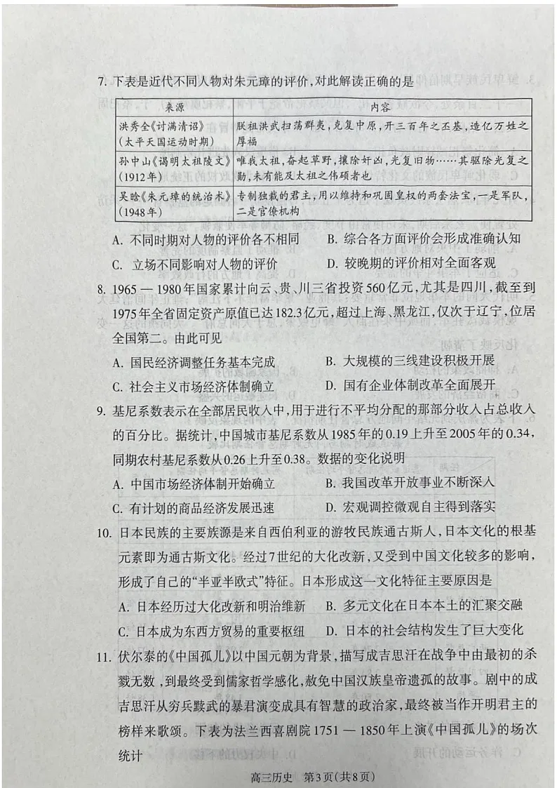 山西省吕梁市2025届高三上学期1月期末调研考试-历史试卷(含答案)第3页
