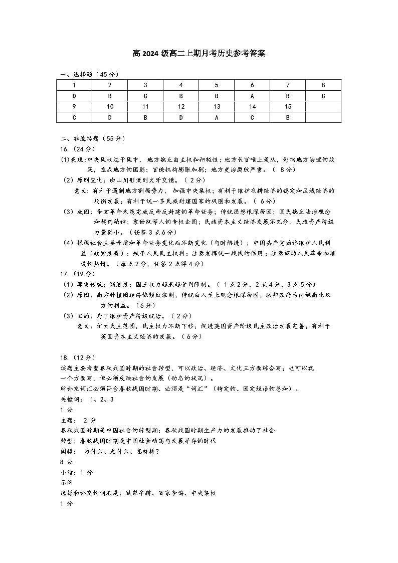 高2024级高二上期月考历史参考答案第1页
