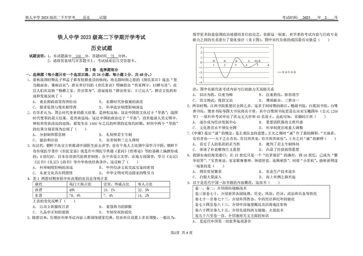 黑龙江省大庆铁人中学2024-2025学年高二下学期开学考试历史试卷第1页