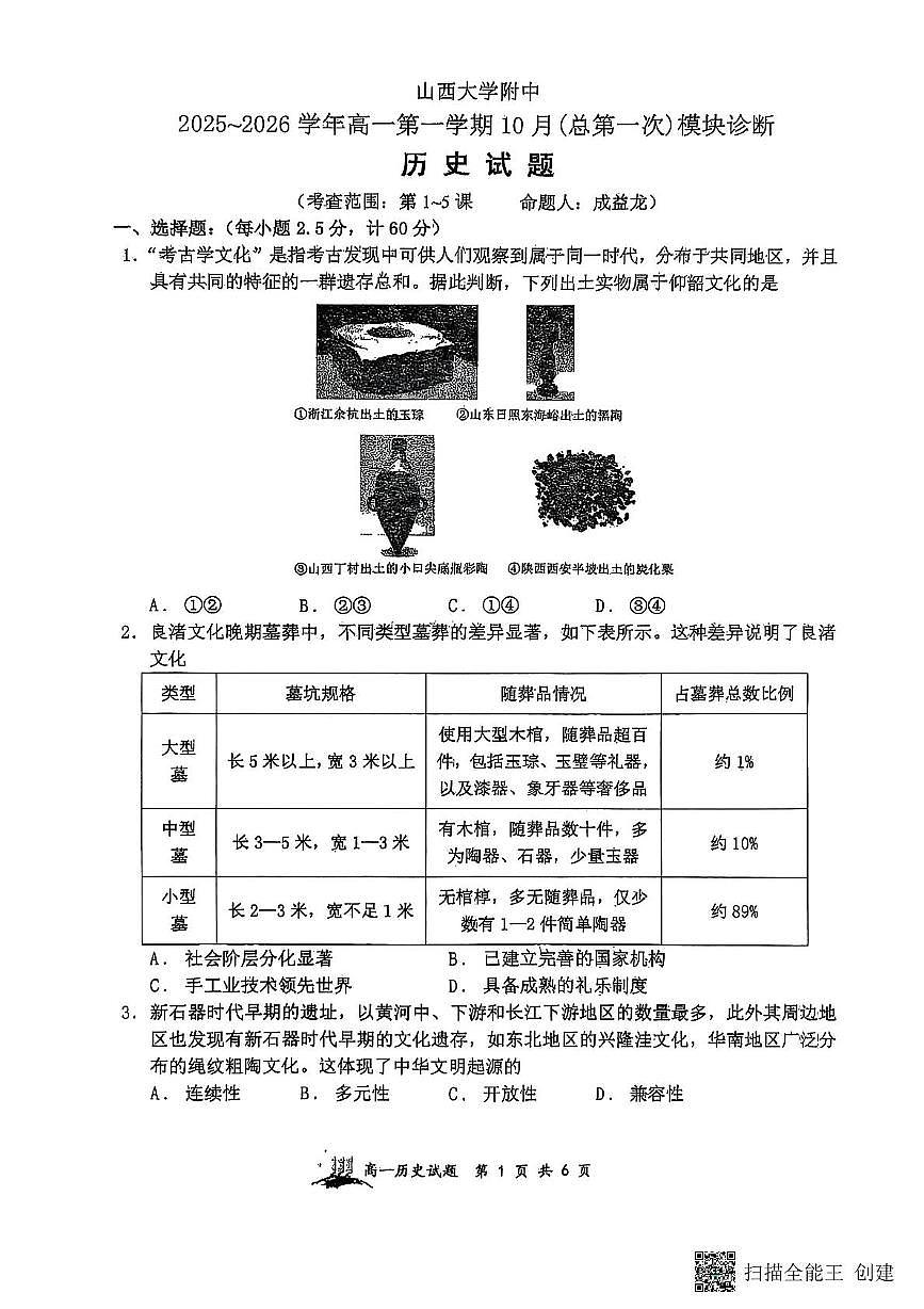 山西省太原市山西大学附属中学校2025-2026学年高一上学期10月月考历史试题第1页