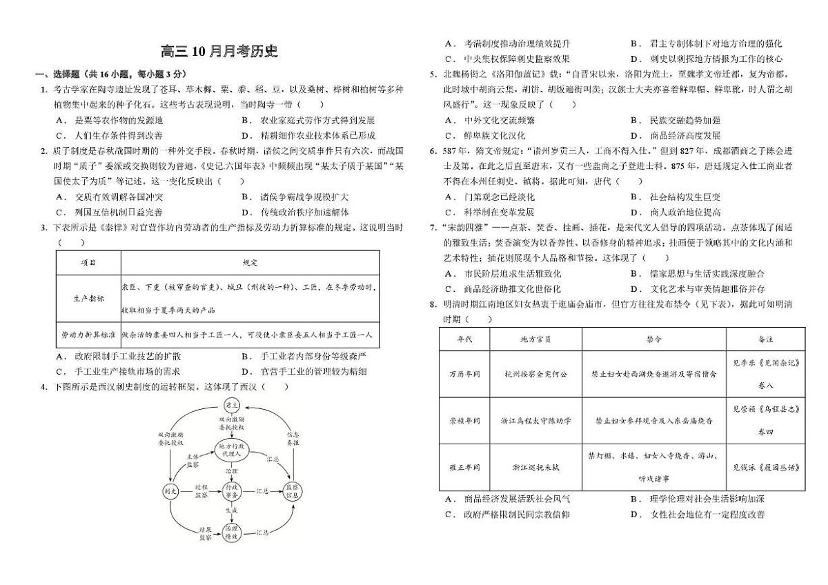 河北省石家庄市第三十八中学2025-2026学年高三上学期10月月考历史试题第1页