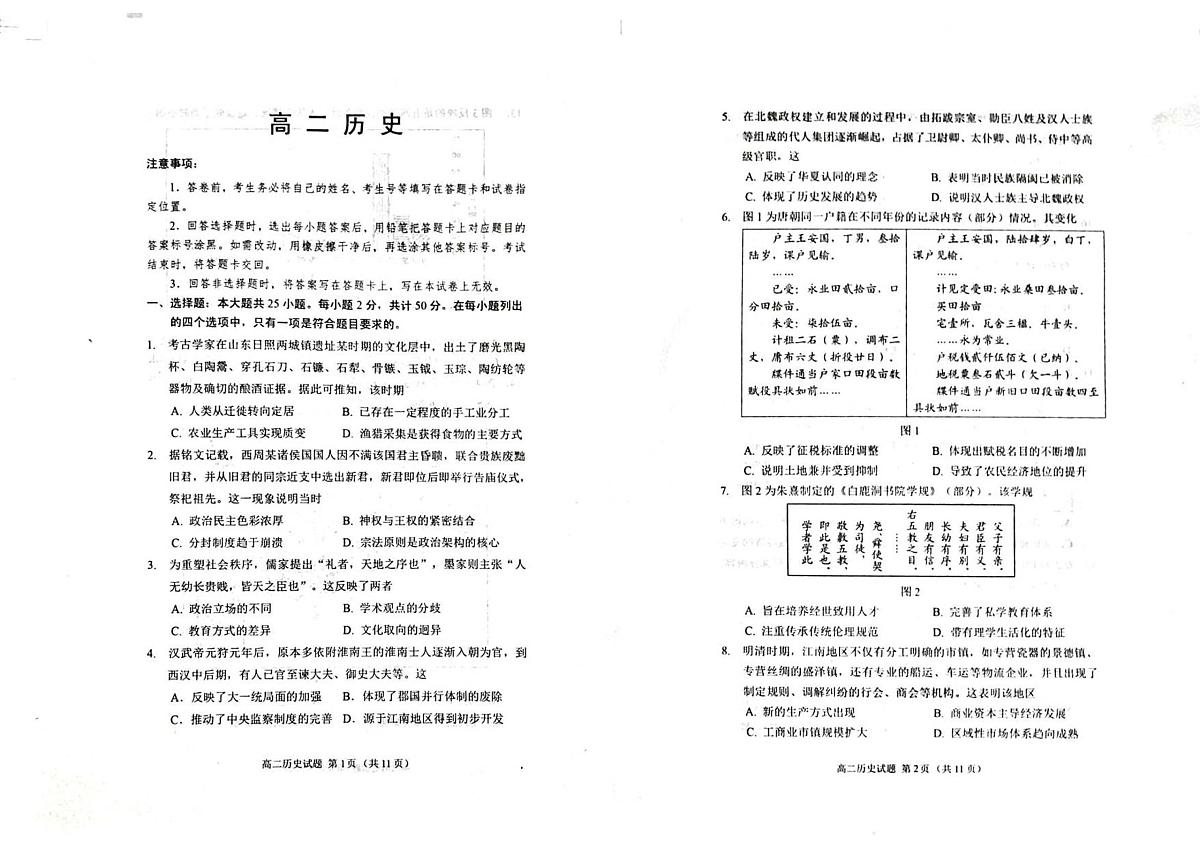 山东省威海市2024-2025学年高二下学期期末考试历史试题第1页