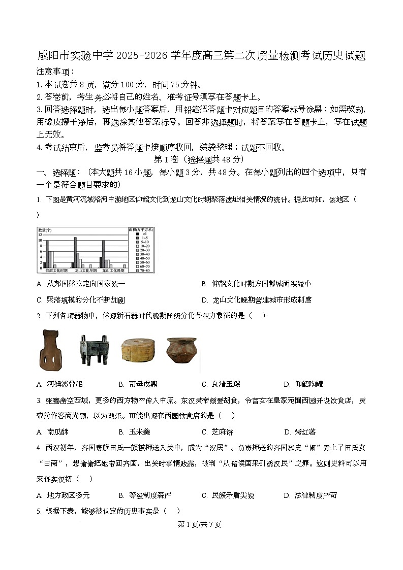 陕西省咸阳市实验中学2026届高三上学期第二次质量检测+历史第1页