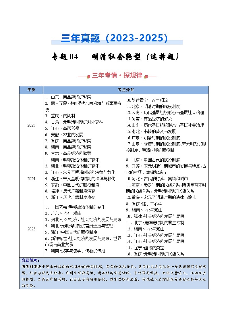 专题04 明清社会转型·选择题 Word版含解析第1页