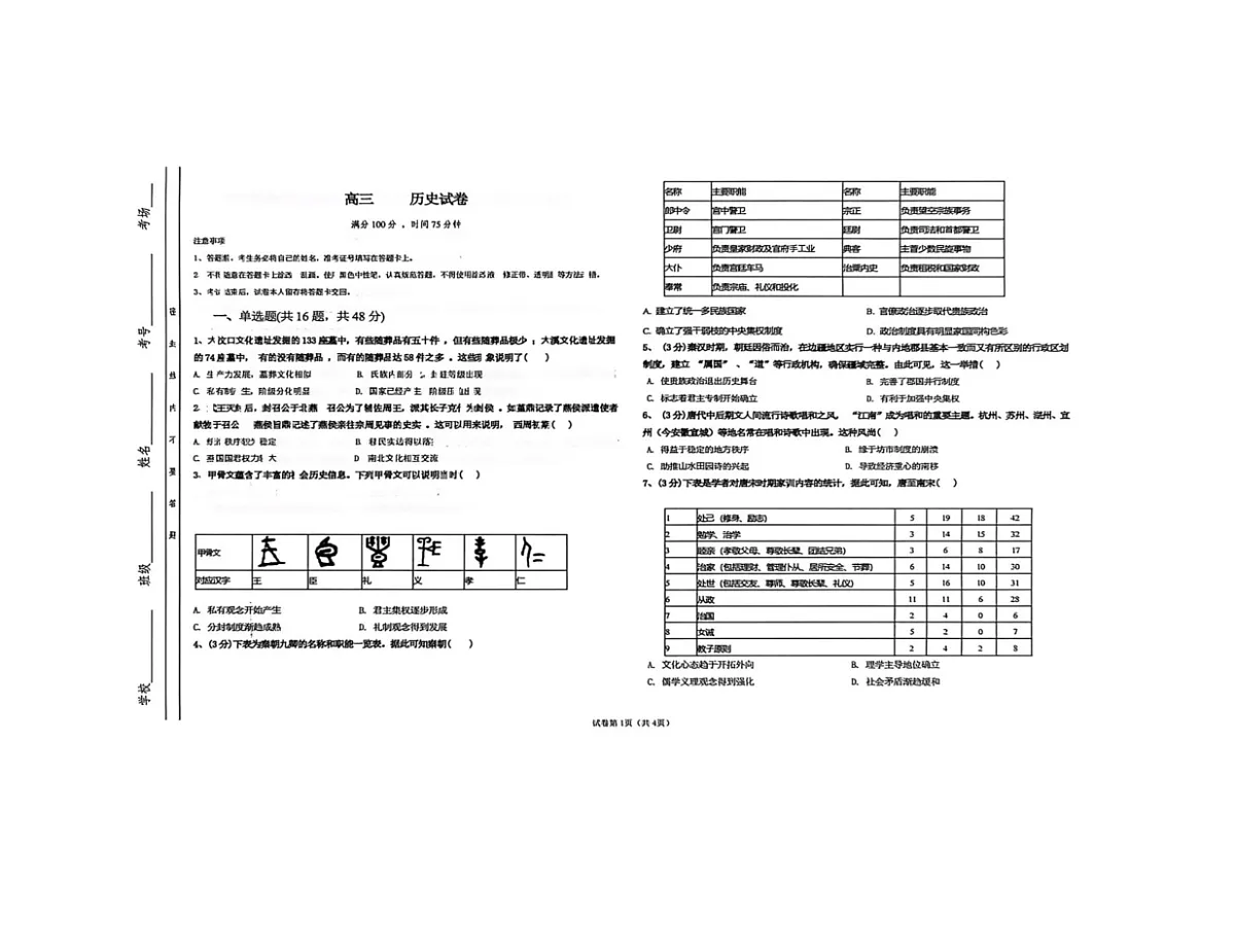 山西省晋中市部分学校2025-2026学年高三上学期11月检测历史试题(月考)第1页