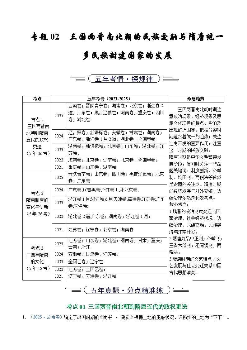专题02 三国两晋南北朝的民族交融与隋唐统一多民族封建国家的发展(全国通用)(原卷版)五年(2021-2025)高考历史真题分类汇编(全国通用)第1页