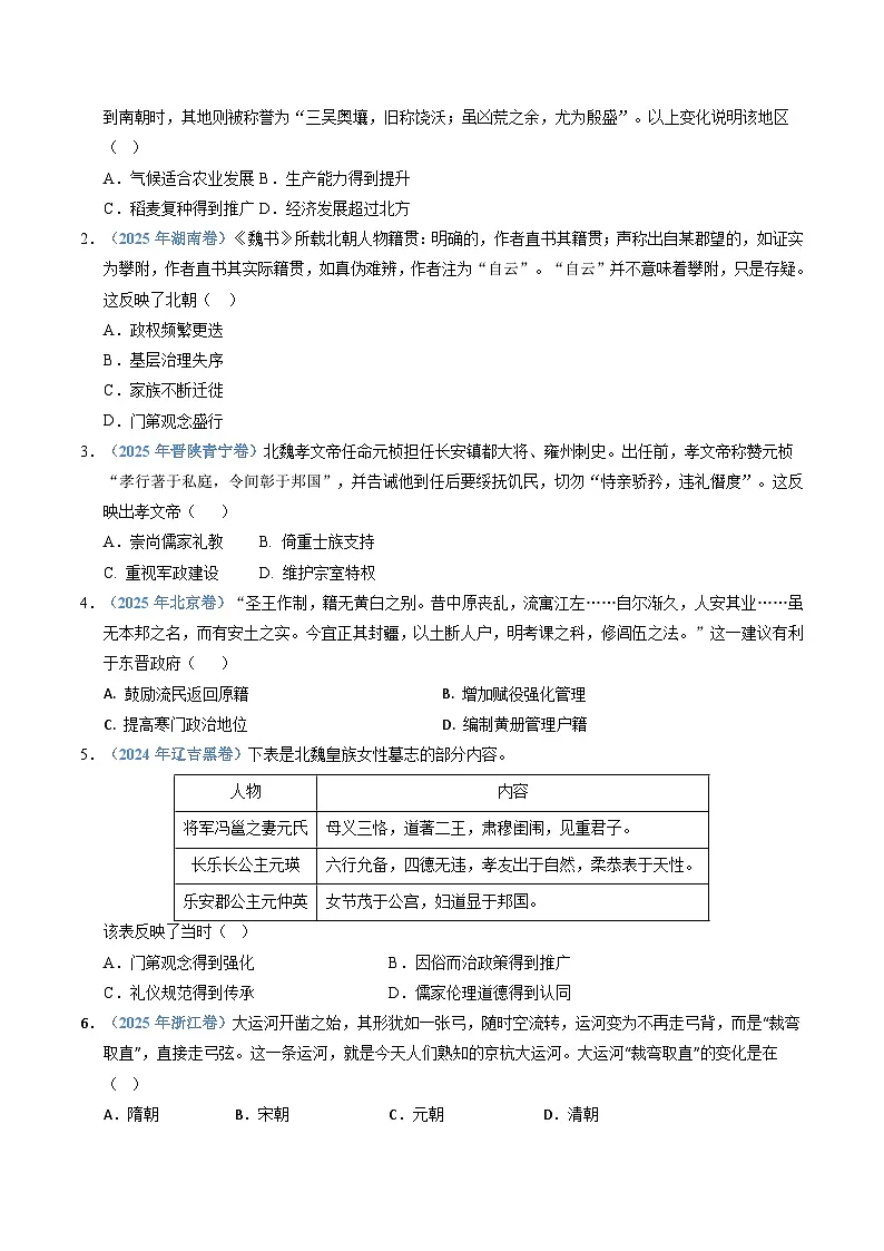 专题02 三国两晋南北朝的民族交融与隋唐统一多民族封建国家的发展(全国通用)(原卷版)五年(2021-2025)高考历史真题分类汇编(全国通用)第2页