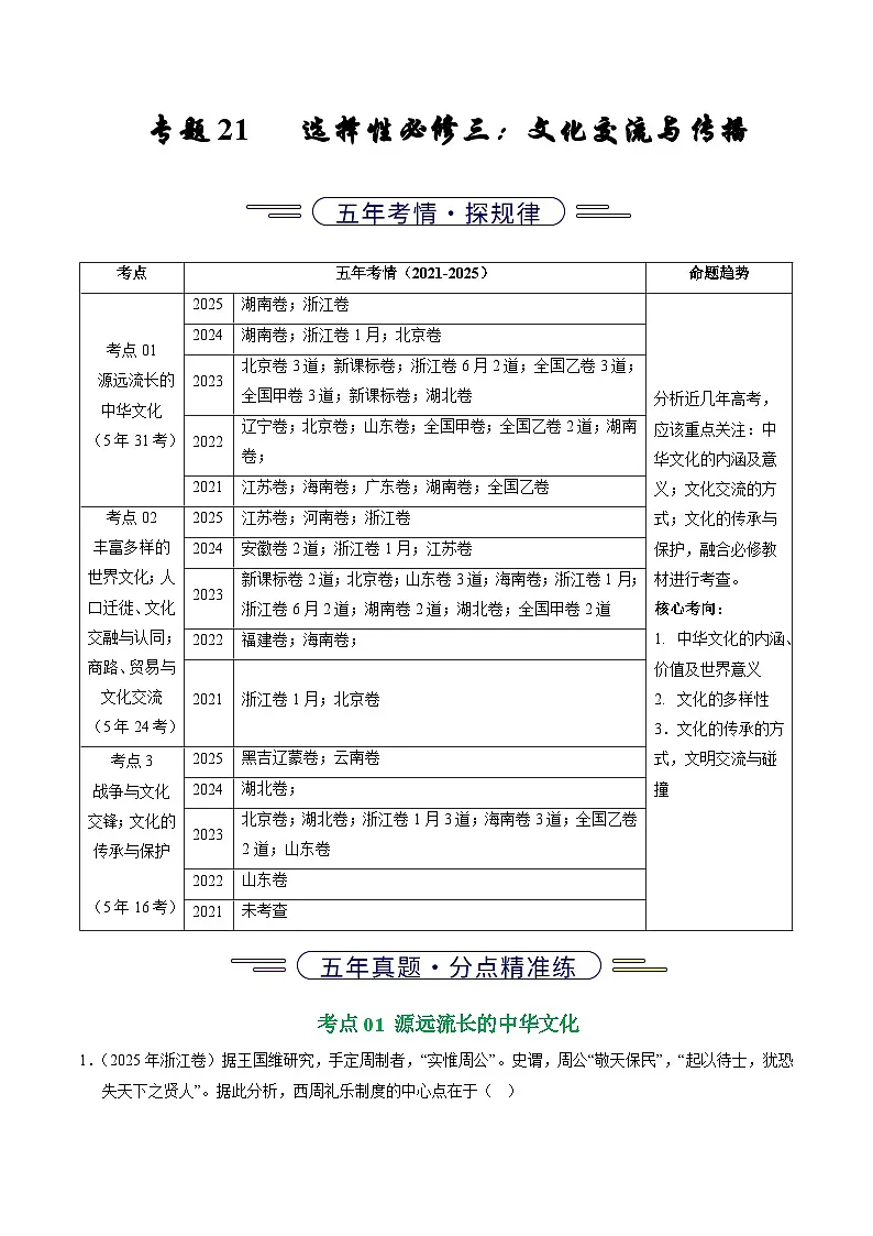 专题21 选择性必修三:文化交流与传播(全国通用)(原卷版)五年(2021-2025)高考历史真题分类汇编(全国通用)第1页