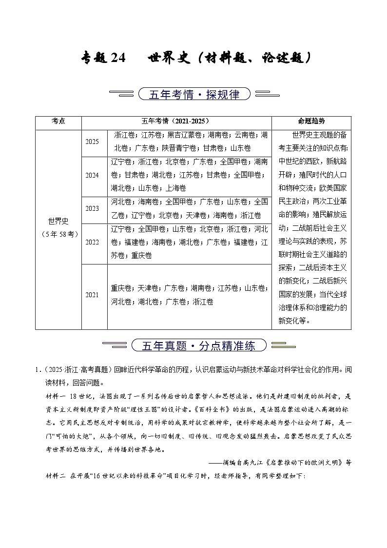 专题24 世界史(材料分析题、观点论述题)(全国通用)(原卷版)五年(2021-2025)高考历史真题分类汇编(全国通用)第1页