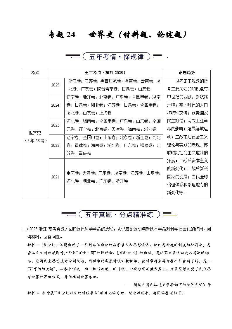 专题24 世界史(材料分析题、观点论述题)(全国通用)(解析版)五年(2021-2025)高考历史真题分类汇编(全国通用)第1页
