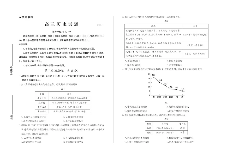 山东省德州市2025-2026学年高三上学期期中考试历史试卷第1页