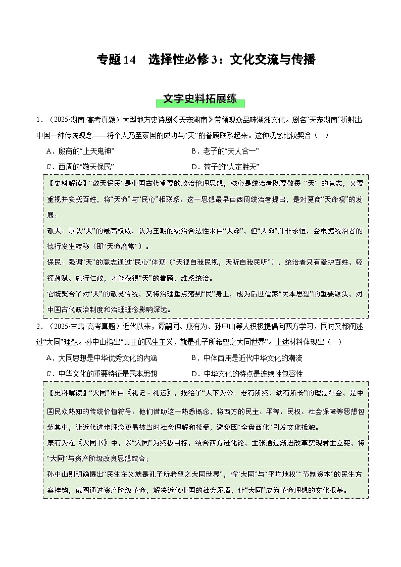 专题9 文化交流与传播(史料拓展练)(原卷版)第1页