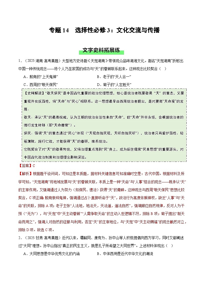 专题9 文化交流与传播(史料拓展练) Word版含解析第1页