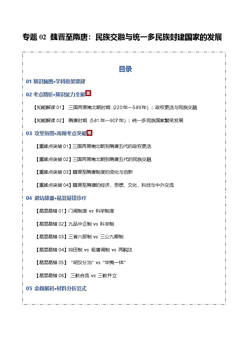 魏晋至隋唐民族交融与统一多民族封建国家的发展(知识清单)2026年高考历史一轮复习讲练测第1页