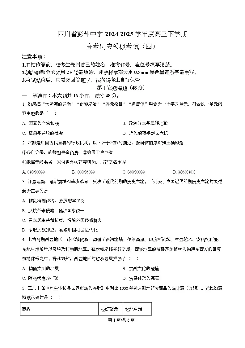 2025届四川省彭州中学高三下学期模拟考试(四)历史试题(原卷版)第1页