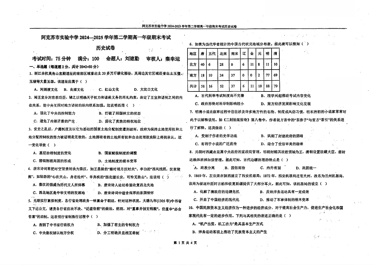 新疆维吾尔自治区阿克苏市实验中学2024-2025学年高一下学期期末考试历史试题第1页