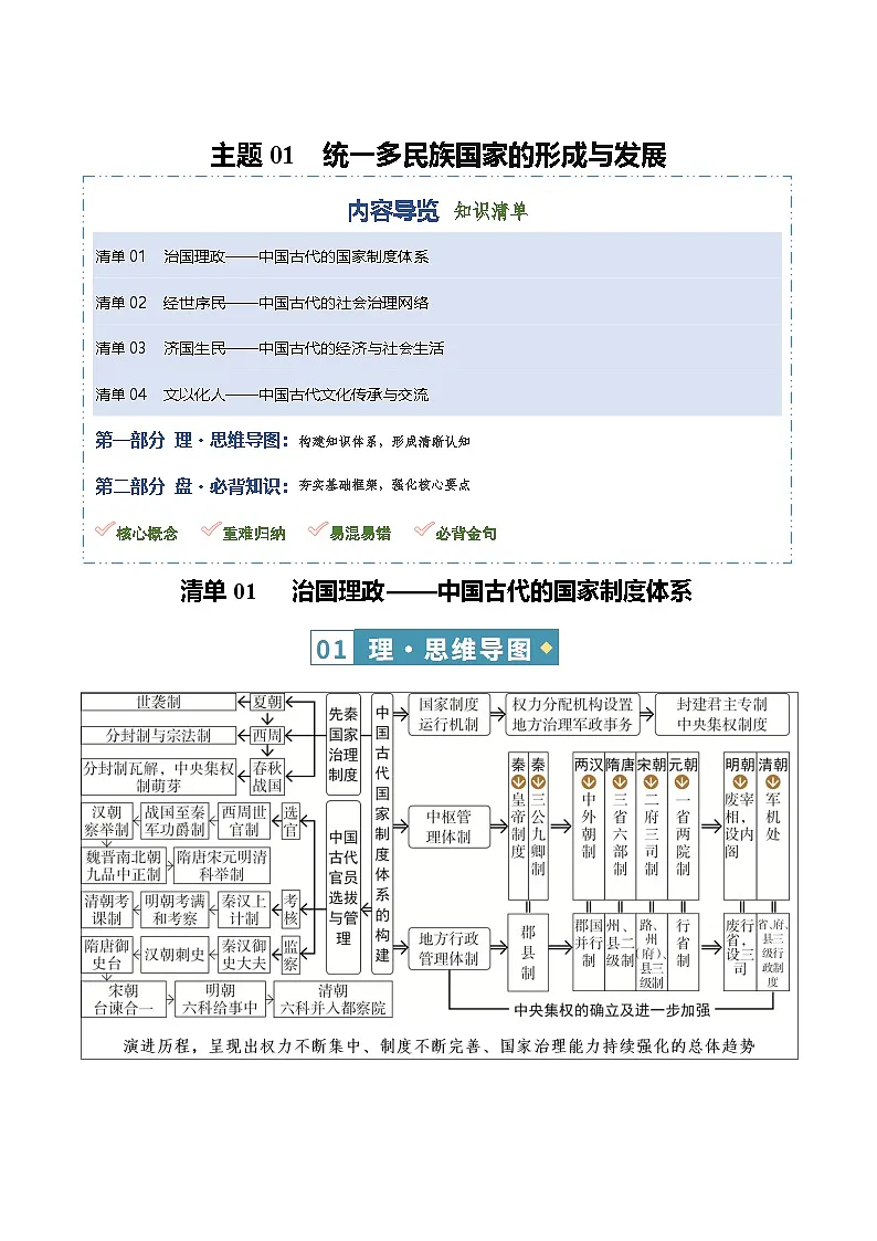 主题01 统一多民族国家的形成与发展(知识清单)-2026年高考历史二轮复习讲练(全国通用)第1页