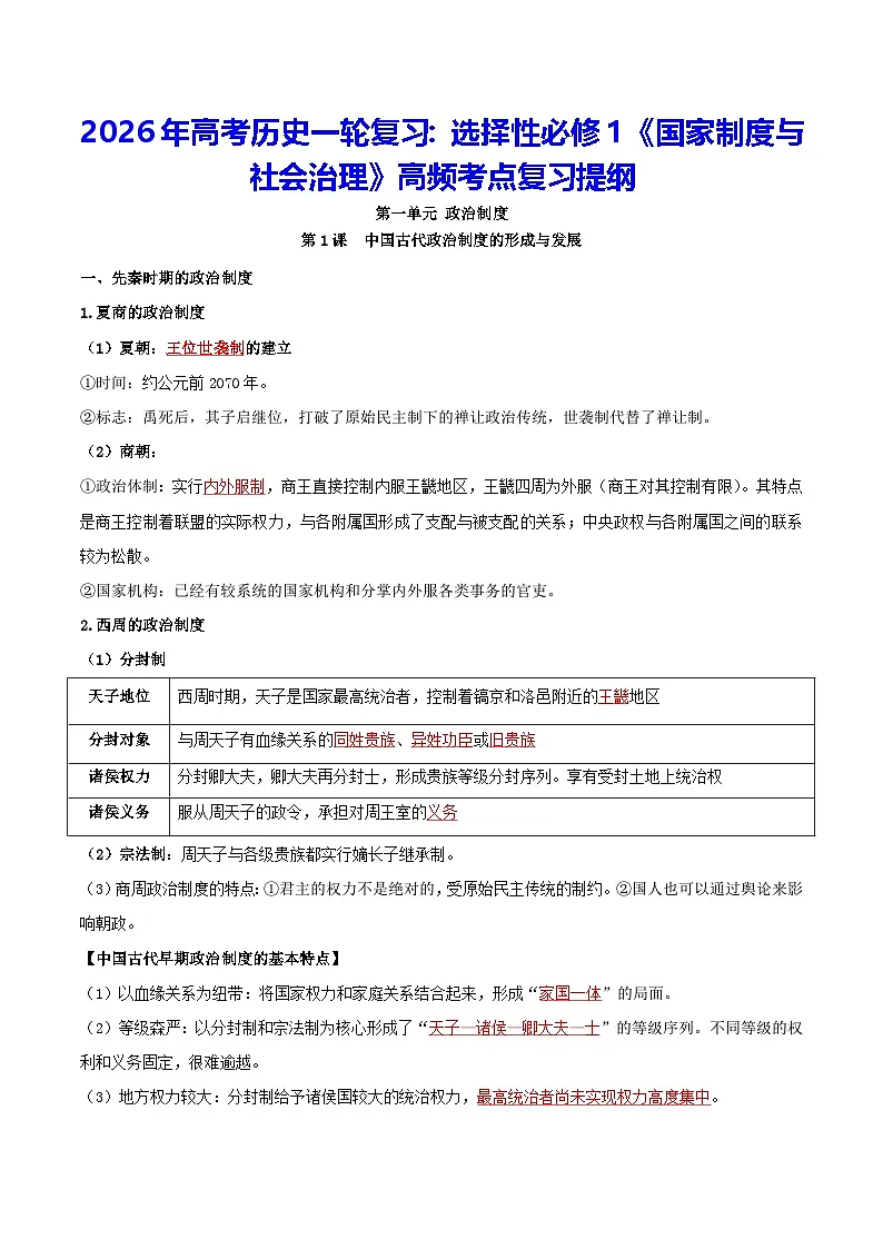 2026年高考历史一轮复习:选择性必修1《国家制度与社会治理》高频考点复习提纲 讲义第1页