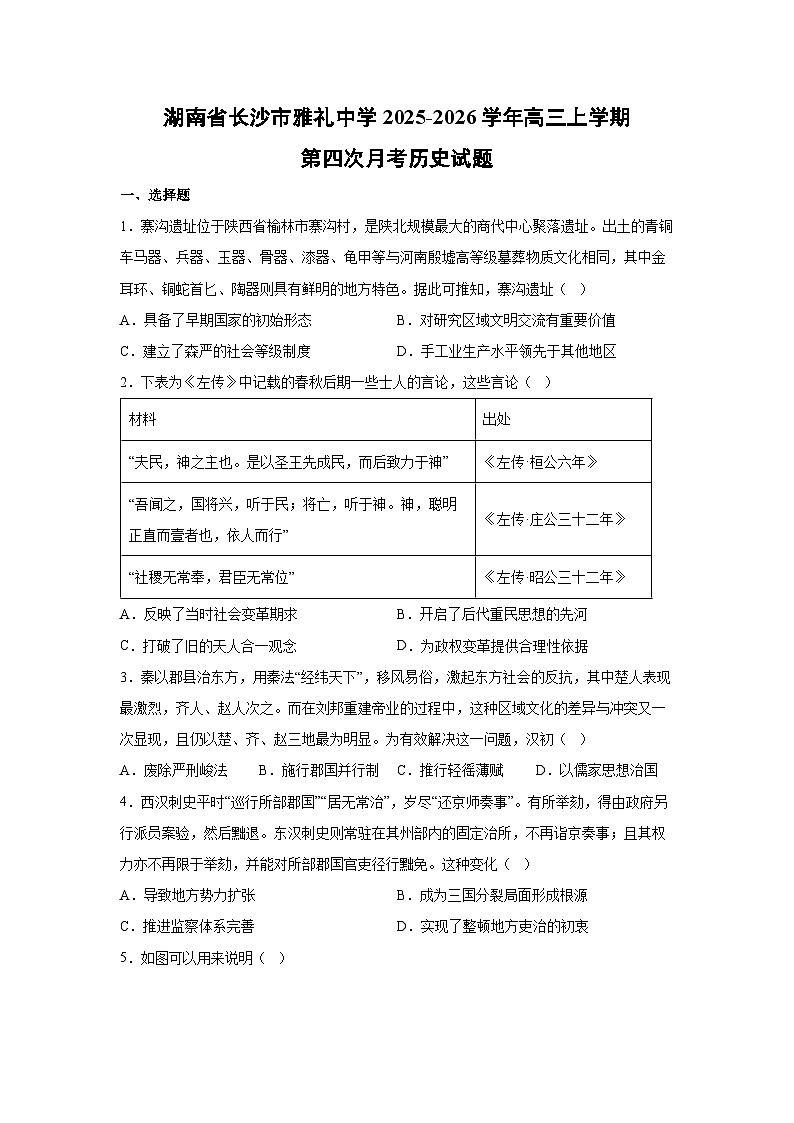 湖南省长沙市雅礼中学2025-2026学年高三上学期第四次月考历史试卷第1页
