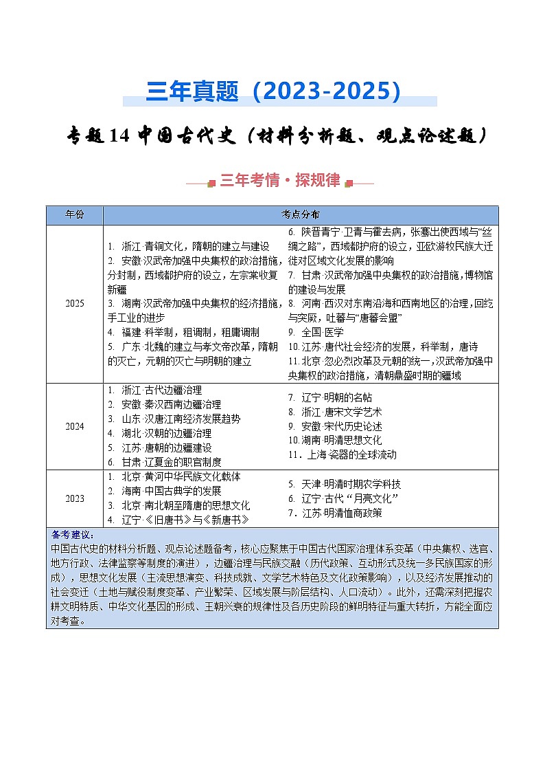 专题14 中国古代史(材料分析题、观点论述题)(全国通用)(原卷版)第1页