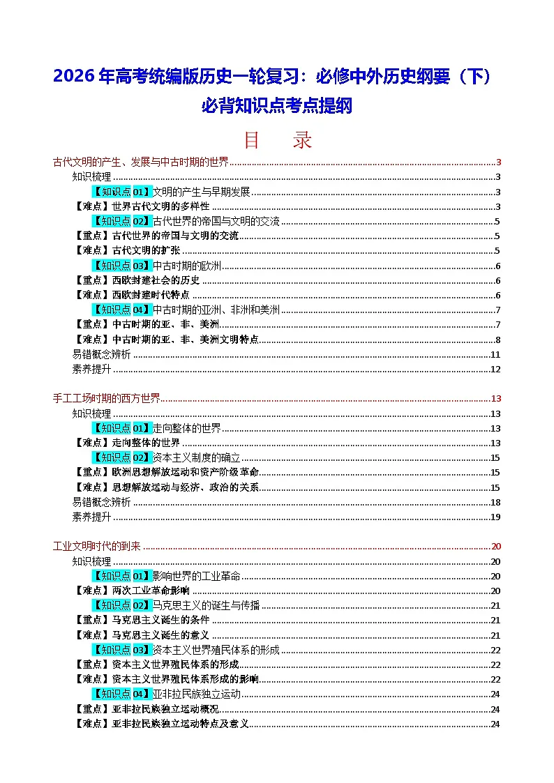 2026年高考统编版历史一轮复习:必修中外历史纲要(下)必背知识点考点提纲 讲义第1页