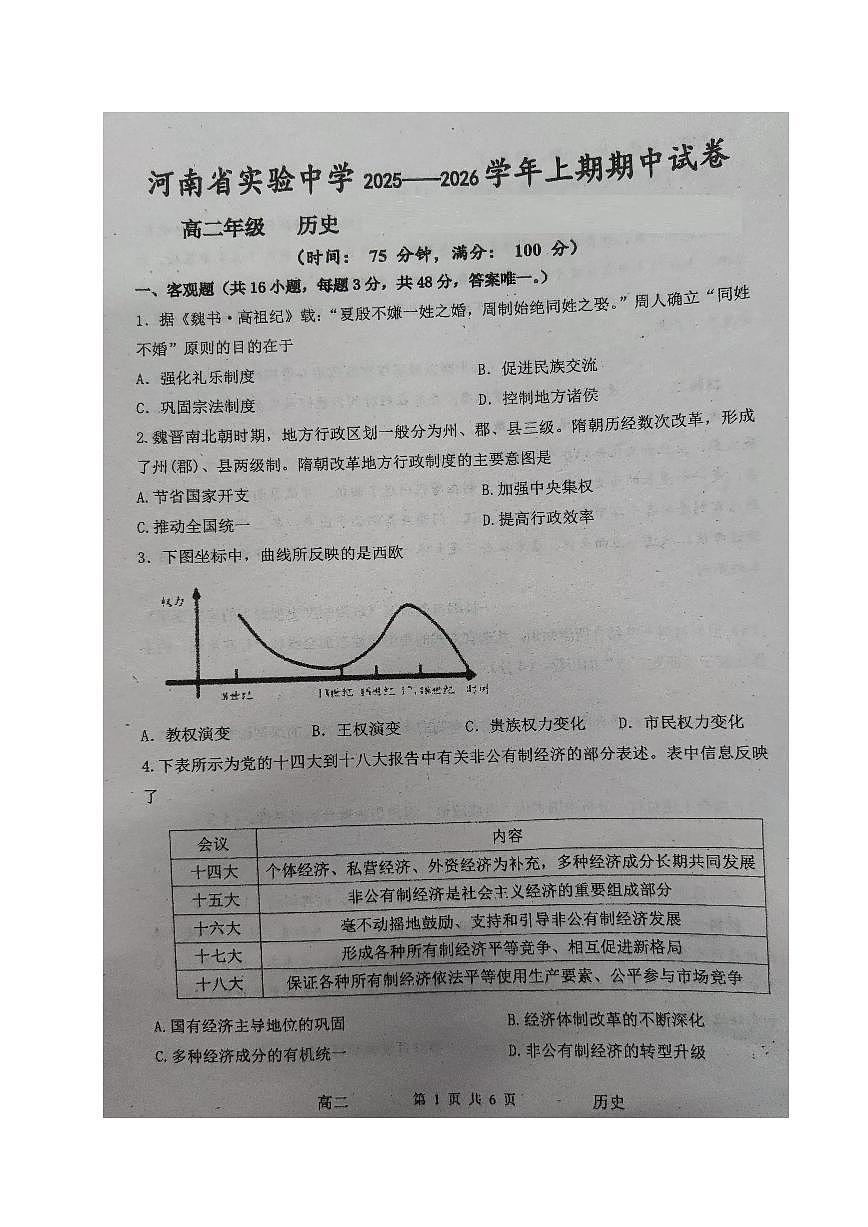 河南省实验中学2025-2026学年高二上学期期中考试历史试卷(含答案)第1页
