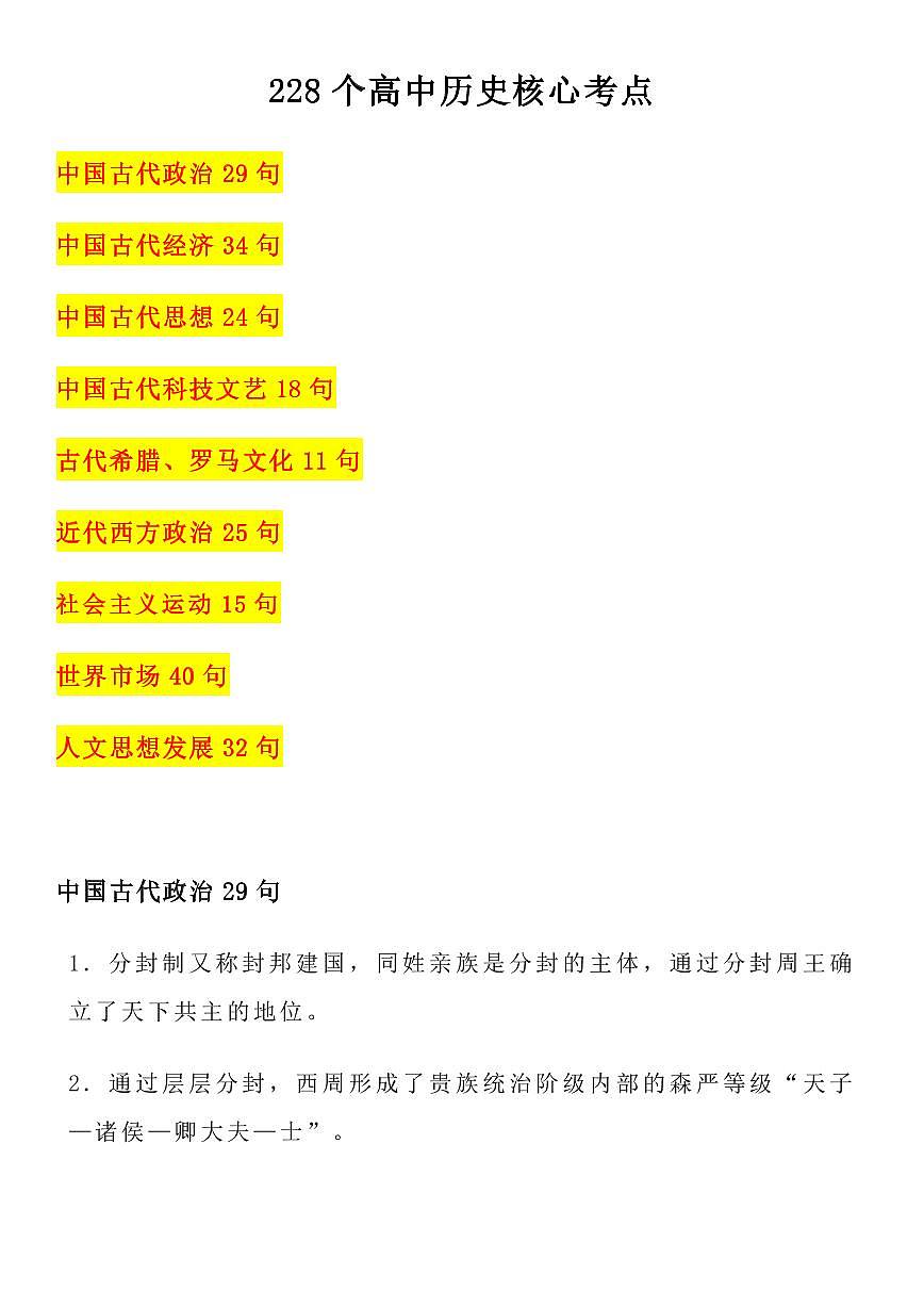 高中历史228个核心考点知识清单(共33页)第1页