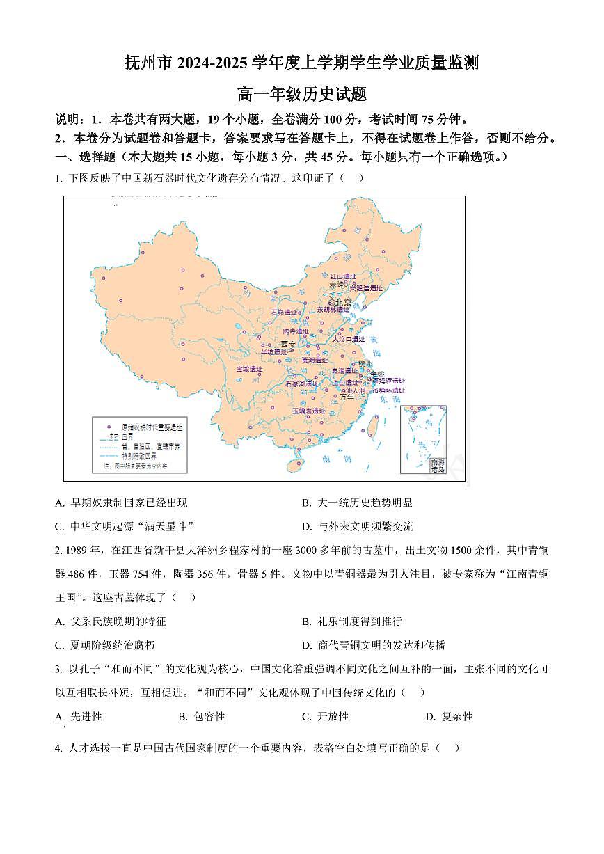 江西省抚州市2024-2025学年高一上学期期末统考历史试题 Word版无答案第1页