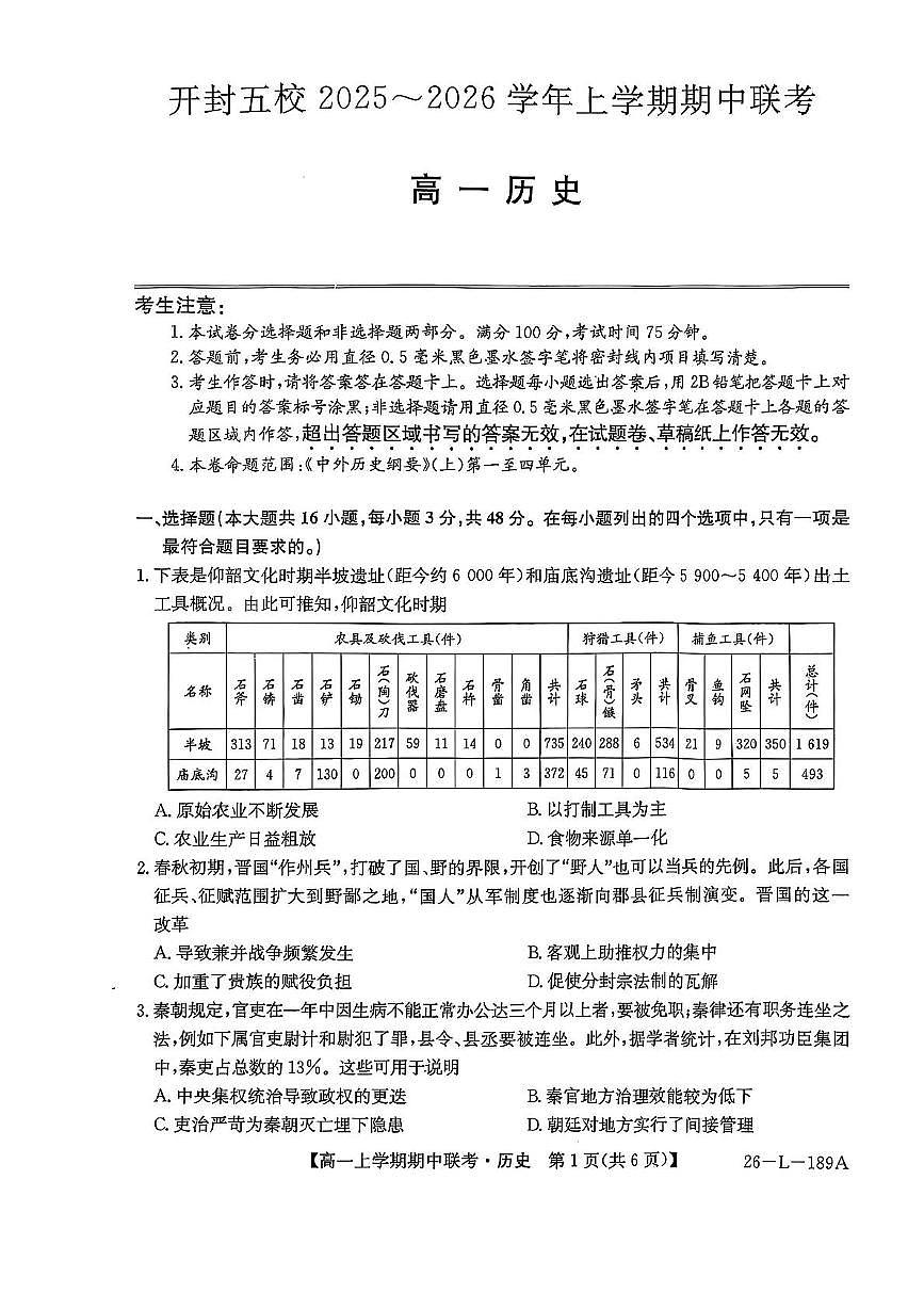 河南省开封市五校2025-2026学年高一上学期期中联考 历史试卷(PDF图片版)(含答案)第1页