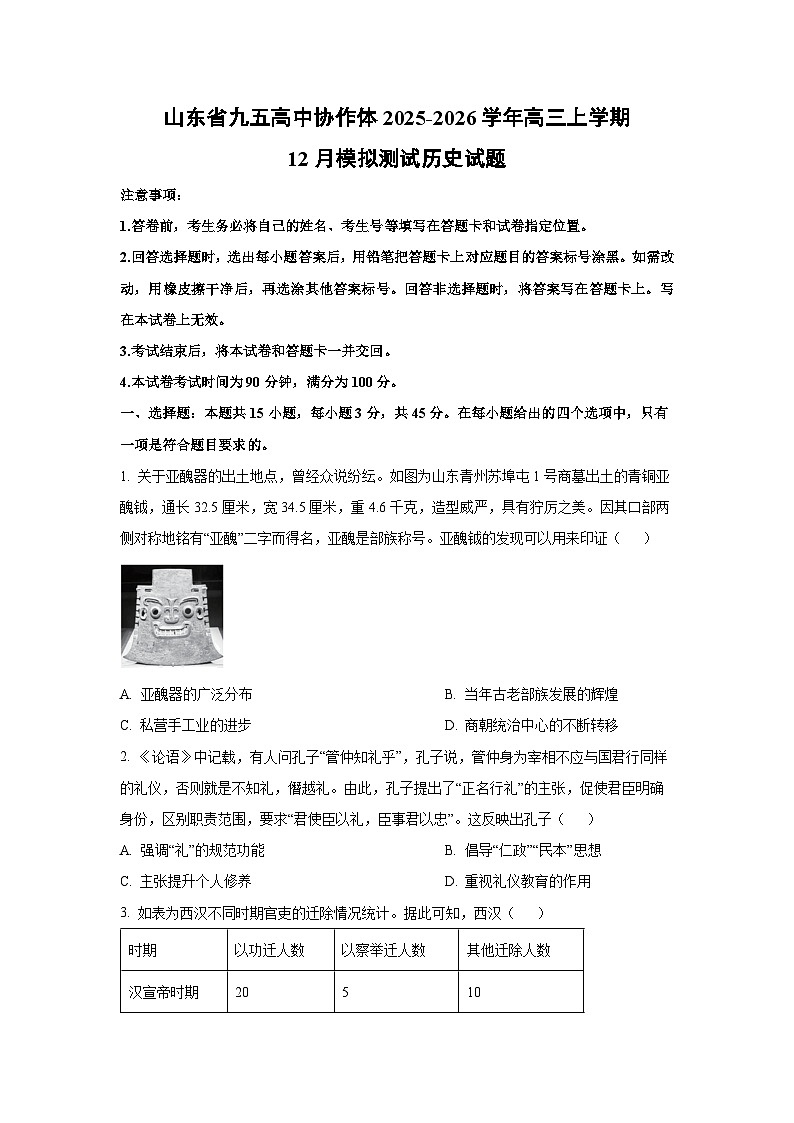 2025-2026学年山东省九五高中协作体高三上学期12月模拟测试历史试卷(学生版)第1页