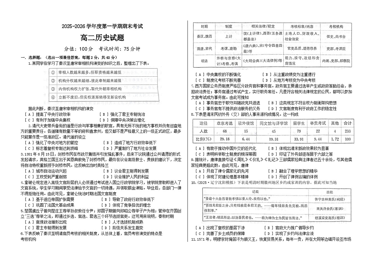 2025-2026学年度第一学期期末考试高二历史试题第1页