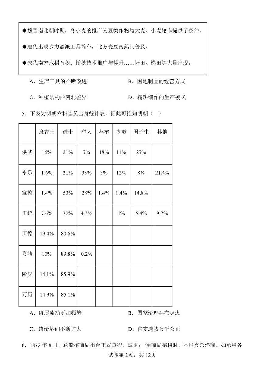 山东省潍坊市临朐县第一中学2025-2026学年高二上学期12月月考历史试题(含答案)第2页