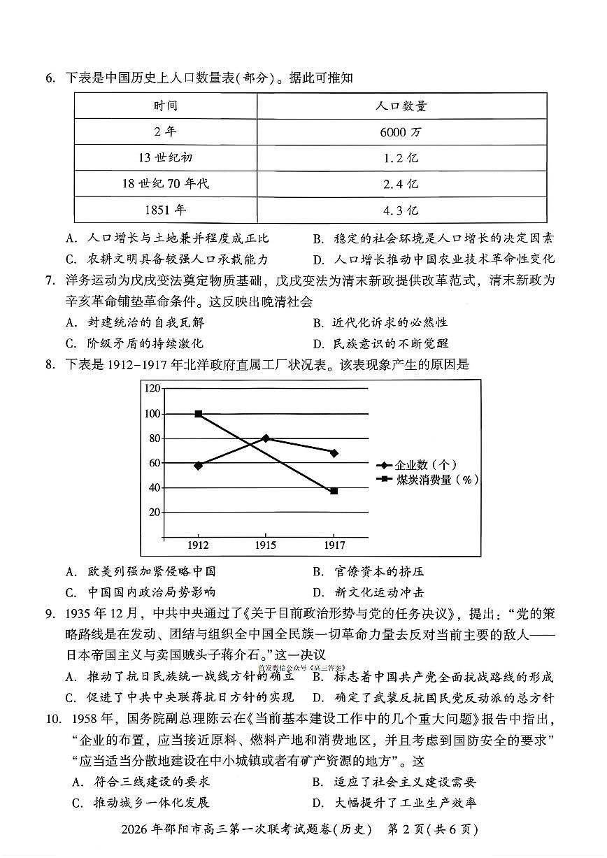 2026届邵阳高考一模历史试题及答案第2页